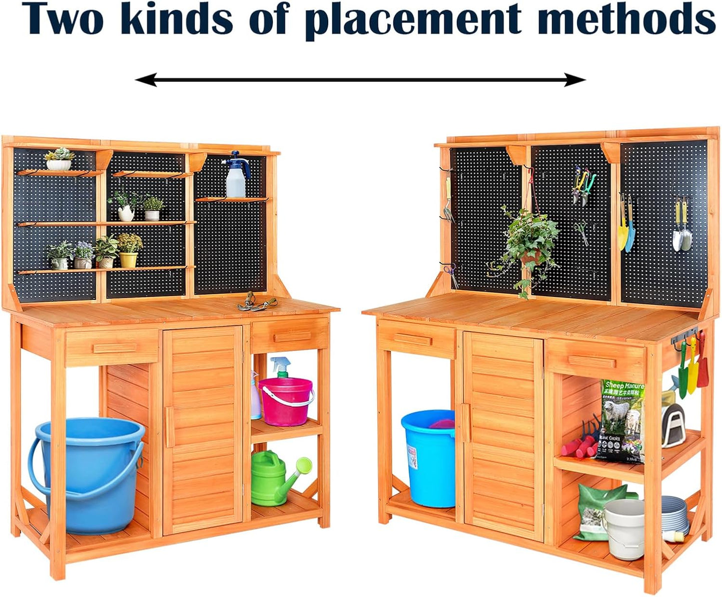 Outdoor Potting Bench Table with Large Space Storage,Drawer Garden Work Bench with Cabinet Adjustable Shelf/Hooks,Wooden Gardening Potting Bench for Backyard,Patio.(45X49X14 ) Inches