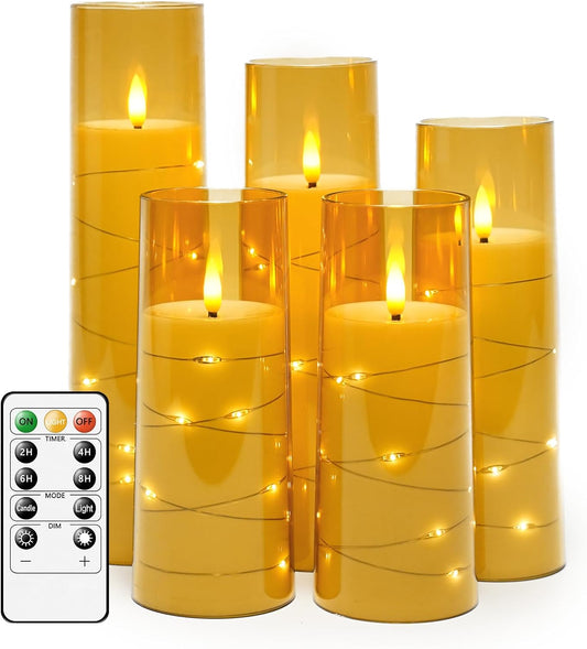 Flameless LED Candles with Timer 5 Pc Flickering Flameless Candles for Romantic Ambiance and Home Decoration Stable Acrylic Shell,With Embedded Star String,Battery Operated Candles(Gold)