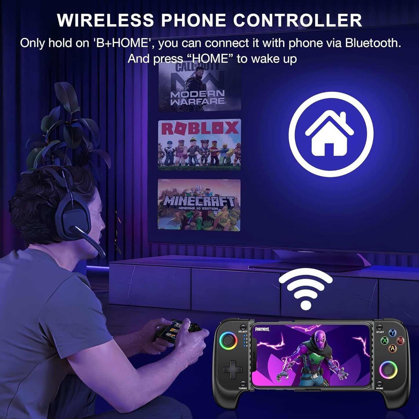 Wireless Phone Controller for Iphone/Android with Hall Joystick, RGB Controller for Iphone Support Xbox Game Pass, Playstation, Steam Link, Call of Duty, Minecraft, Roblox, Cloud Android Controller
