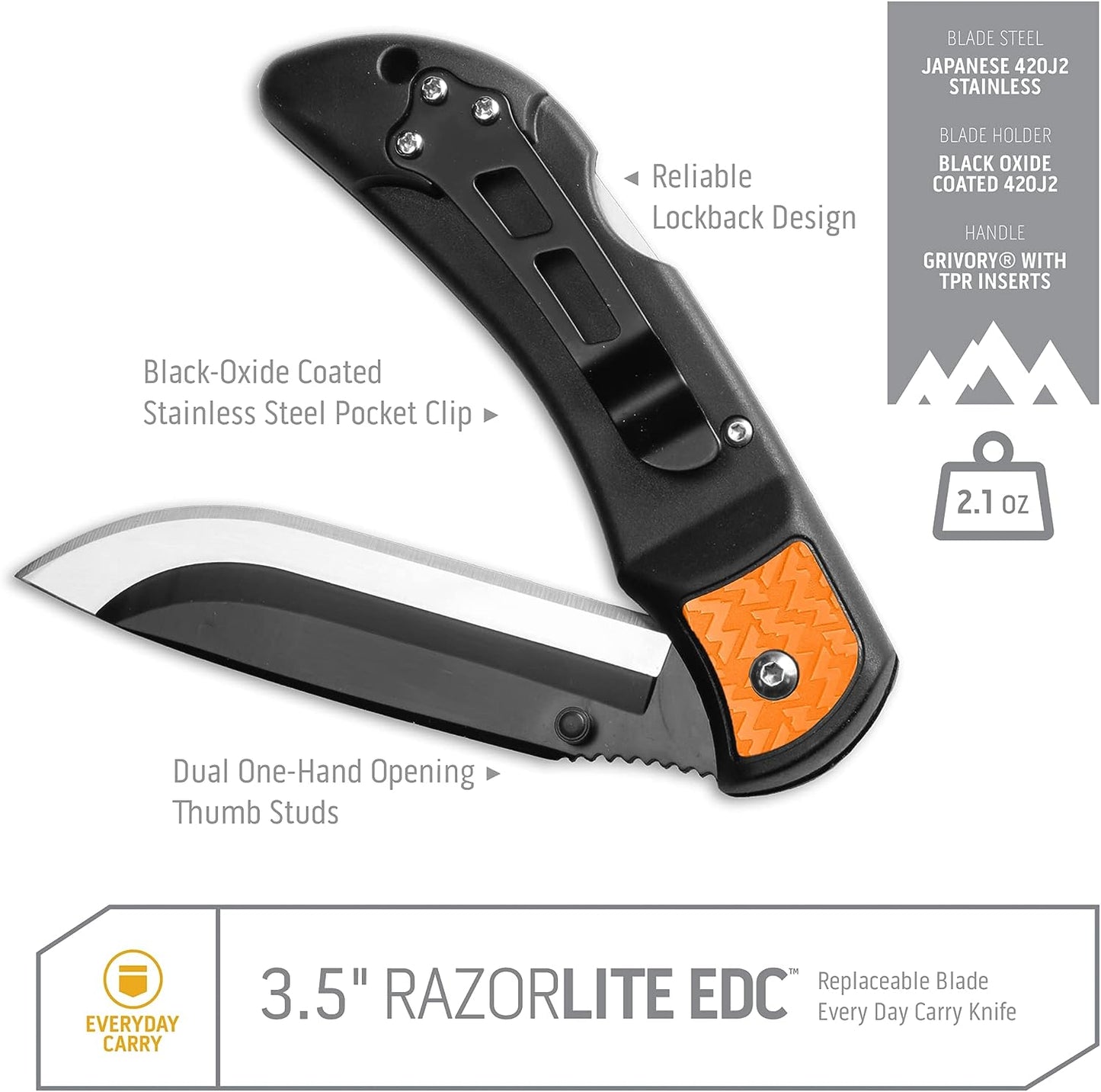 3.5" Razorlite EDC Knife. Pocket Knife with Replaceable Blades and Clip. the Perfect Hunting Knife for Skinning Deer. Blaze Orange with 6 Blades