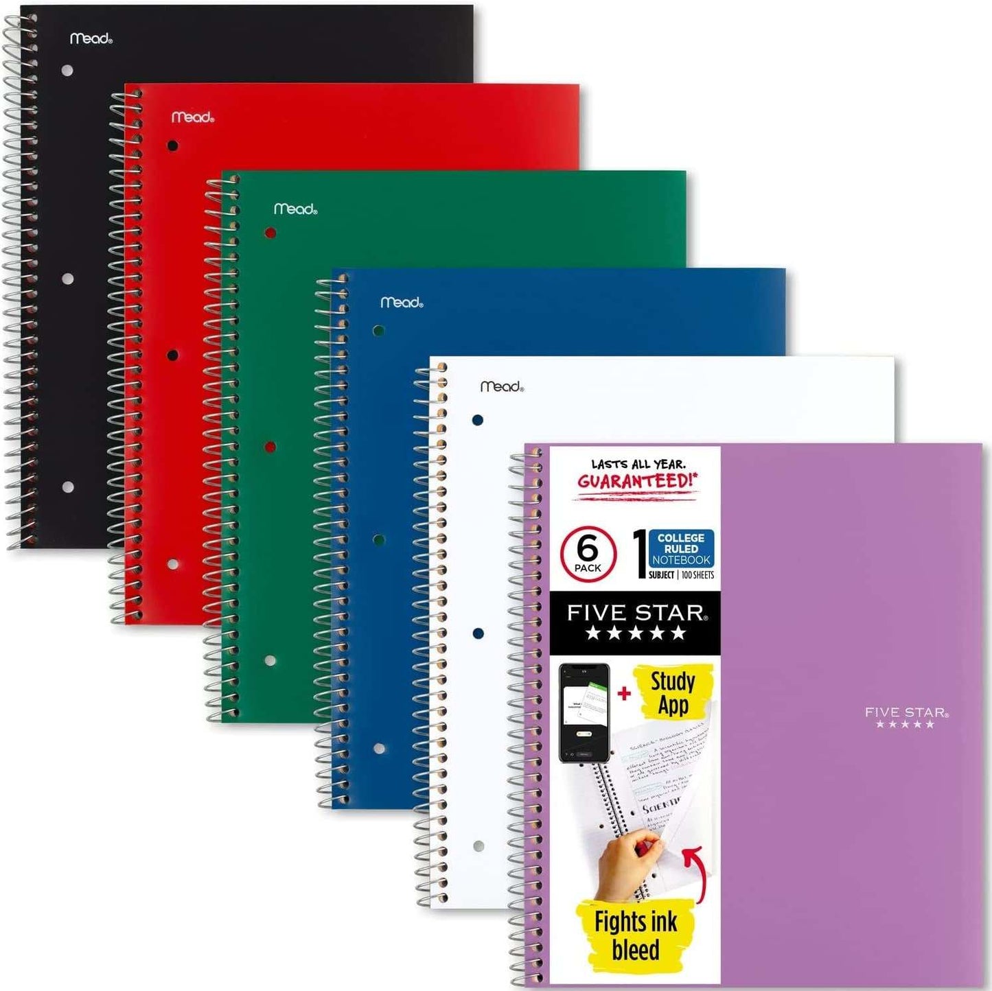 Spiral Notebook Study App 6 Pack College Ruled 8.5 x 11 inches