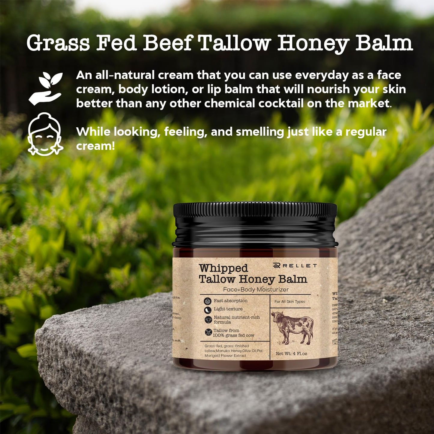 Beef Tallow and Honey Balm for Skin : Grass Fed Whipped Beef Tallow with Honey Face Body Moisturizer 4Oz - Organic Unscented Fast Absorption Tallow Cream Infused with Manuka Honey Beeswax Olive Oil