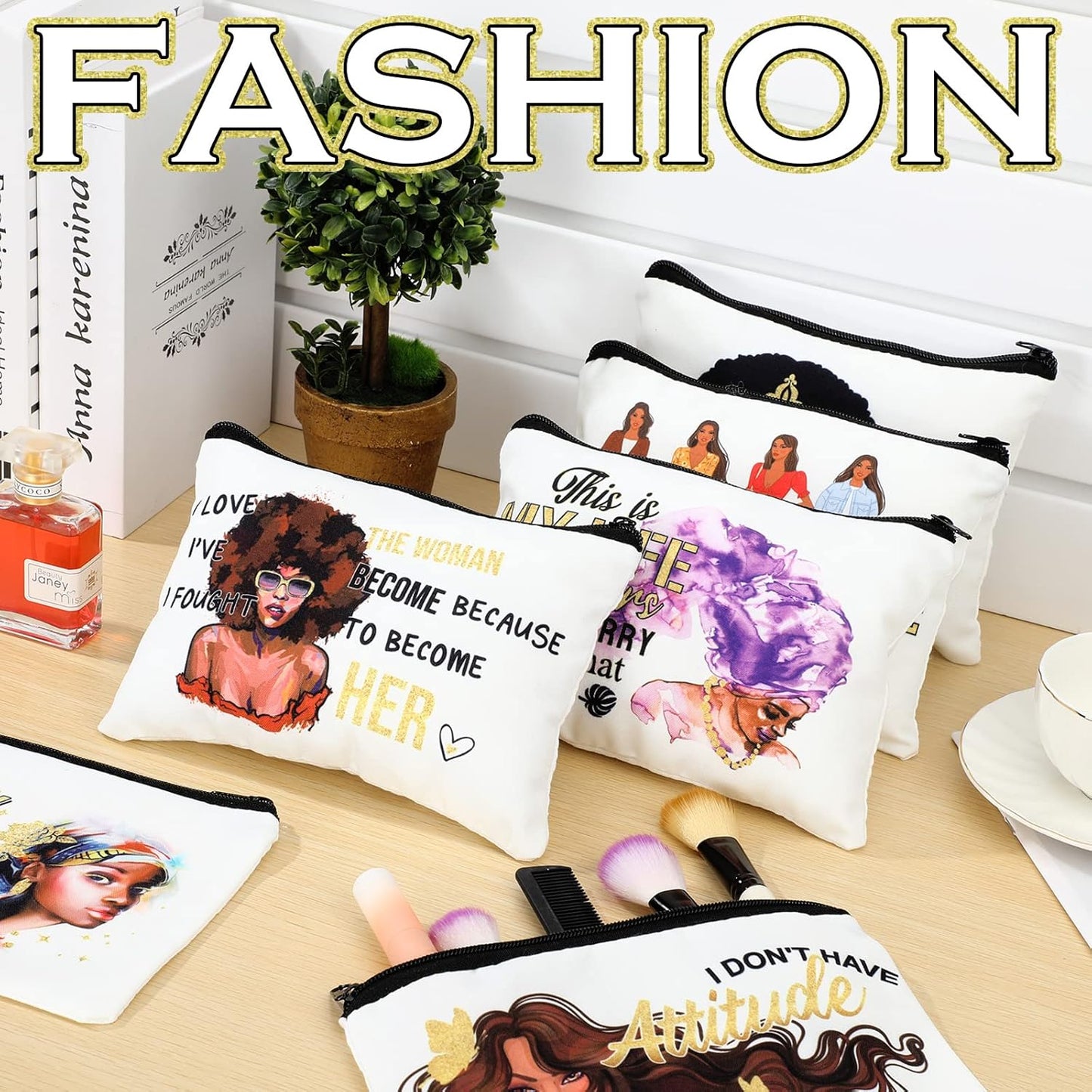 12 Pcs African Girl Makeup Bag Black Girl Makeup Bag Afro Melanin Art Cosmetic Canvas Bags Funny Cute Reusable Toiletry Pouch Organizer Black Owned Business Gift for Women Lady(Stylish Style)