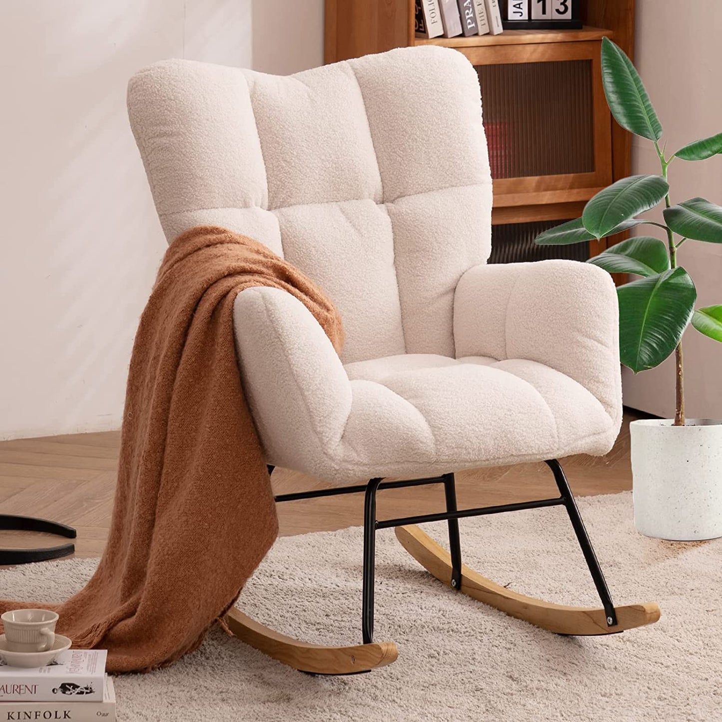 Nursery Rocking Chair Teddy Upholstered Glider Rocker Rocking Accent Chair Padded Seat with High Backrest Armchair Comfy Side Chair for Living Room Bedroom Offices (Ivory Teddy)