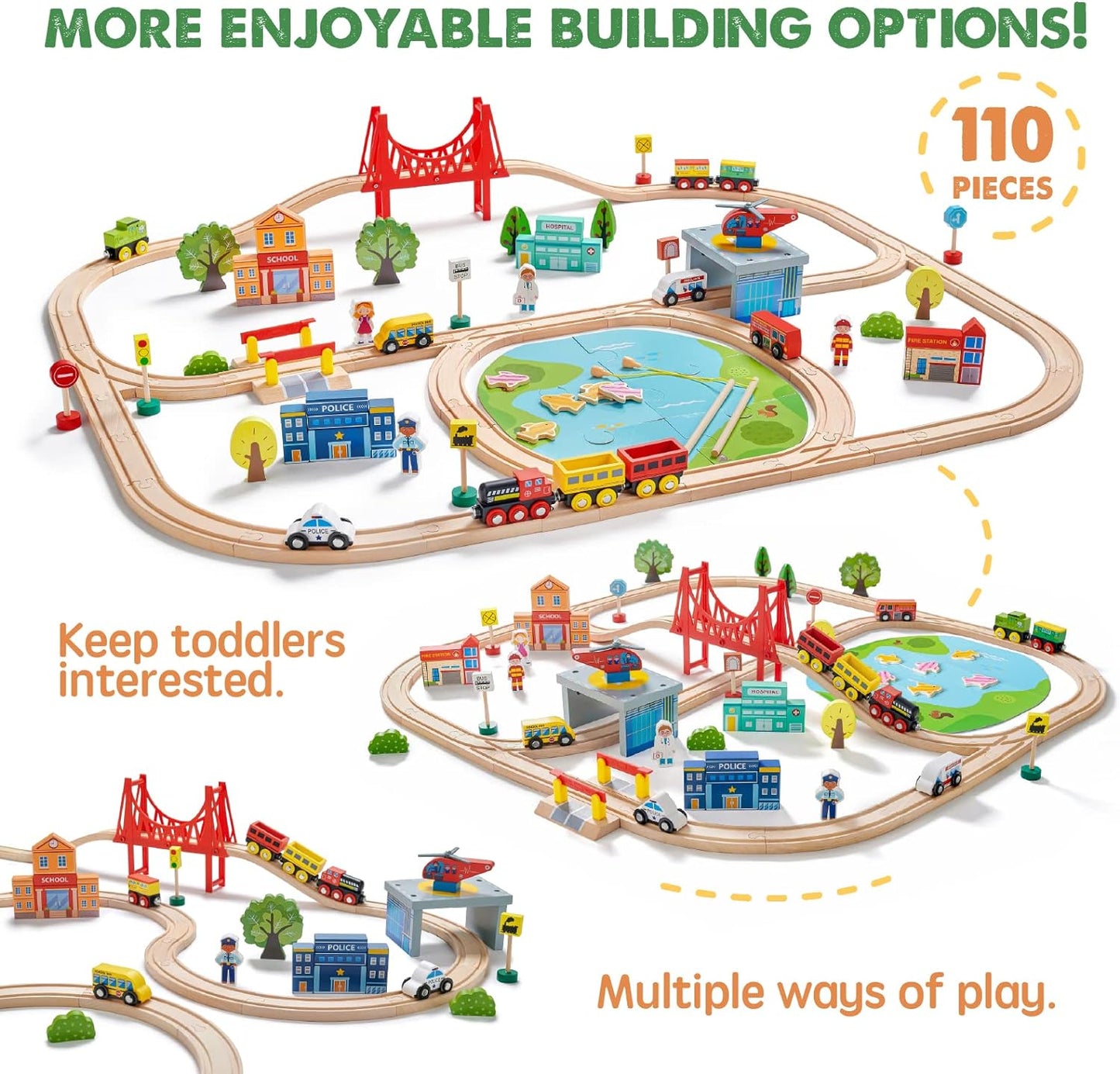 Train Set 110Pcs Wooden Train Set, Toy Train for Boys & Girls with Wooden Train Track, Wooden Toys for 3-7 Years Old Toddlers & Kids, Railway Set Christmas Toys for Kids