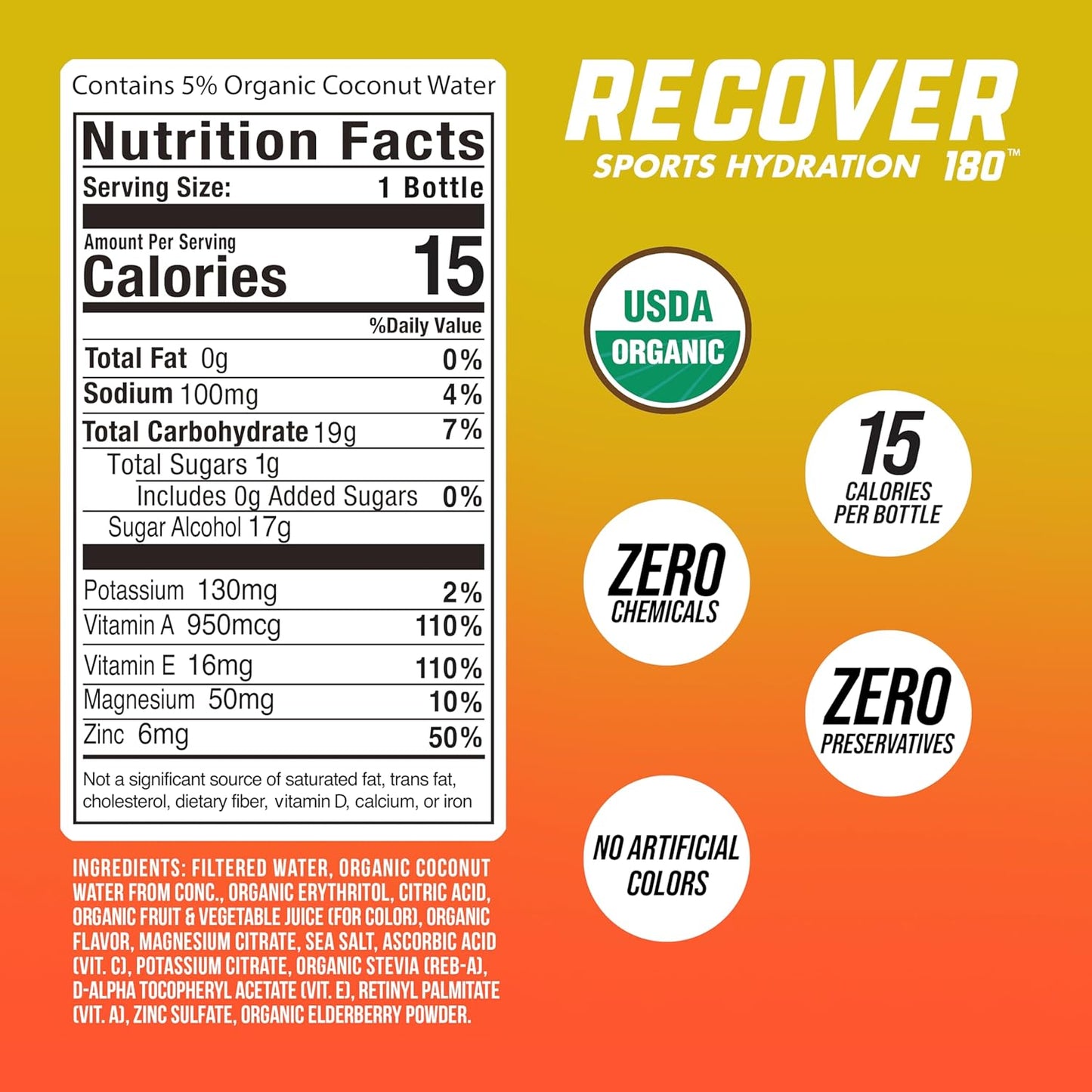 Organic Hydration Sports Drink, No Sugar Added, 15 Calorie Sports Beverage, Organic Flavors with Vitamins, Potassium-Packed Electrolytes (16.9 Fl Oz (Pack of 12), Peach Mango)