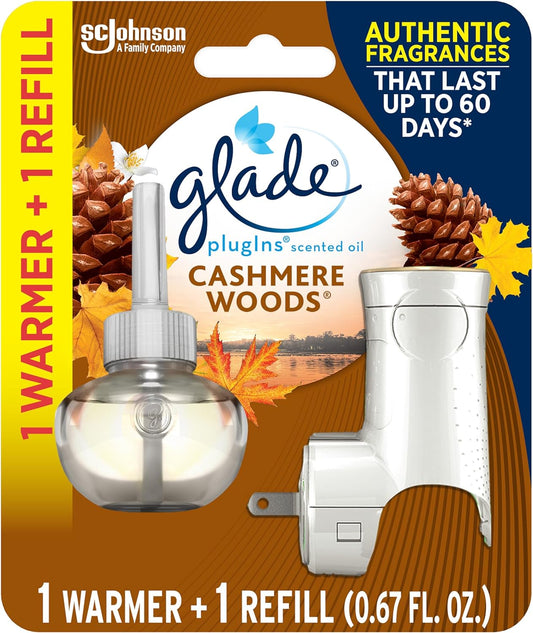 Plugins Refills Air Freshener Starter Kit, Scented and Essential Oils for Home and Bathroom, Cashmere Woods, 0.67 Fl Oz, 1 Warmer + 1 Refill