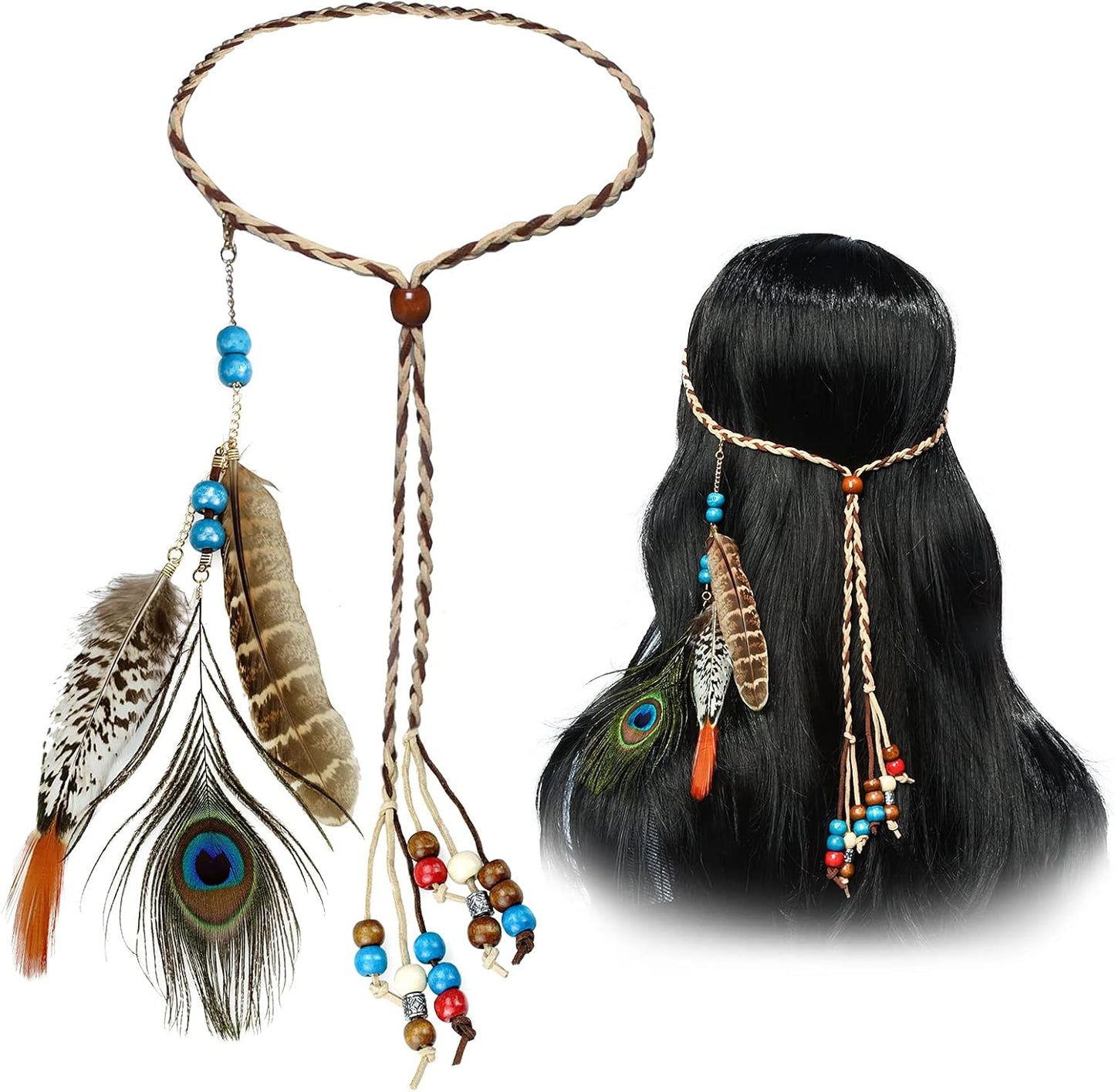 Boho Feather Headbands Indian Feather Headband Peacoak Headpieces Festival Costumes Hair Accessories for Women and Girls