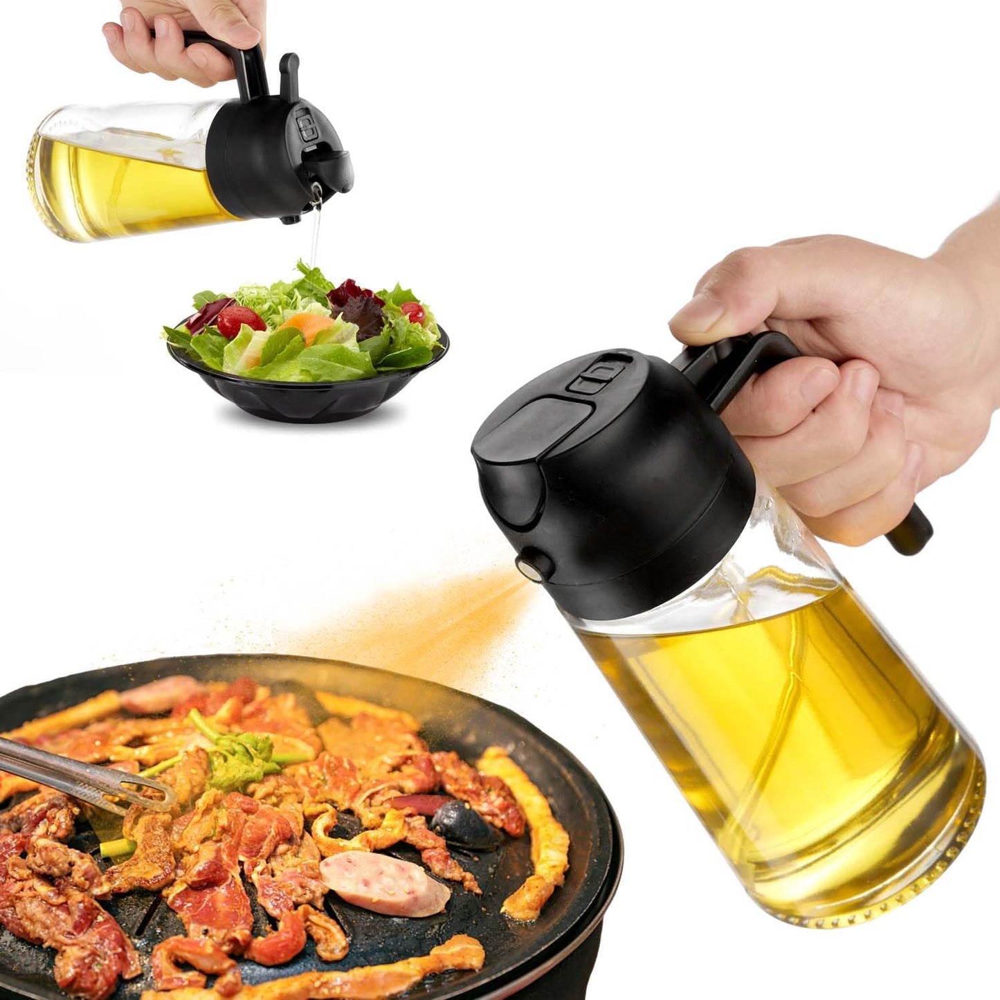 16Oz Oil Sprayer for Cooking - 2 in 1 Spray & Pour Olive Oil Dispenser - 470Ml Glass Spray Oil Bottle - Kitchen Gadgets