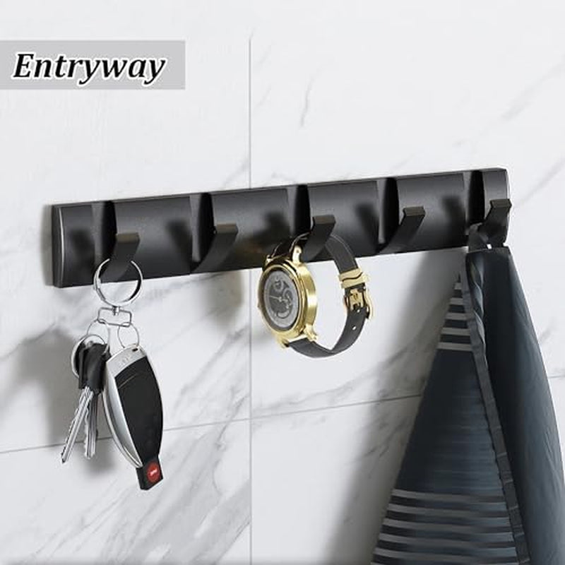 Black Coat Rack Wall Mount with 5 Hooks, 15.8 Inch Waterproof Heavy Duty Coat Wall Hooks, Space Aluminum Material, Folding Hideaway Towel Hanger for Entryway, Wall, Door, Bathroom
