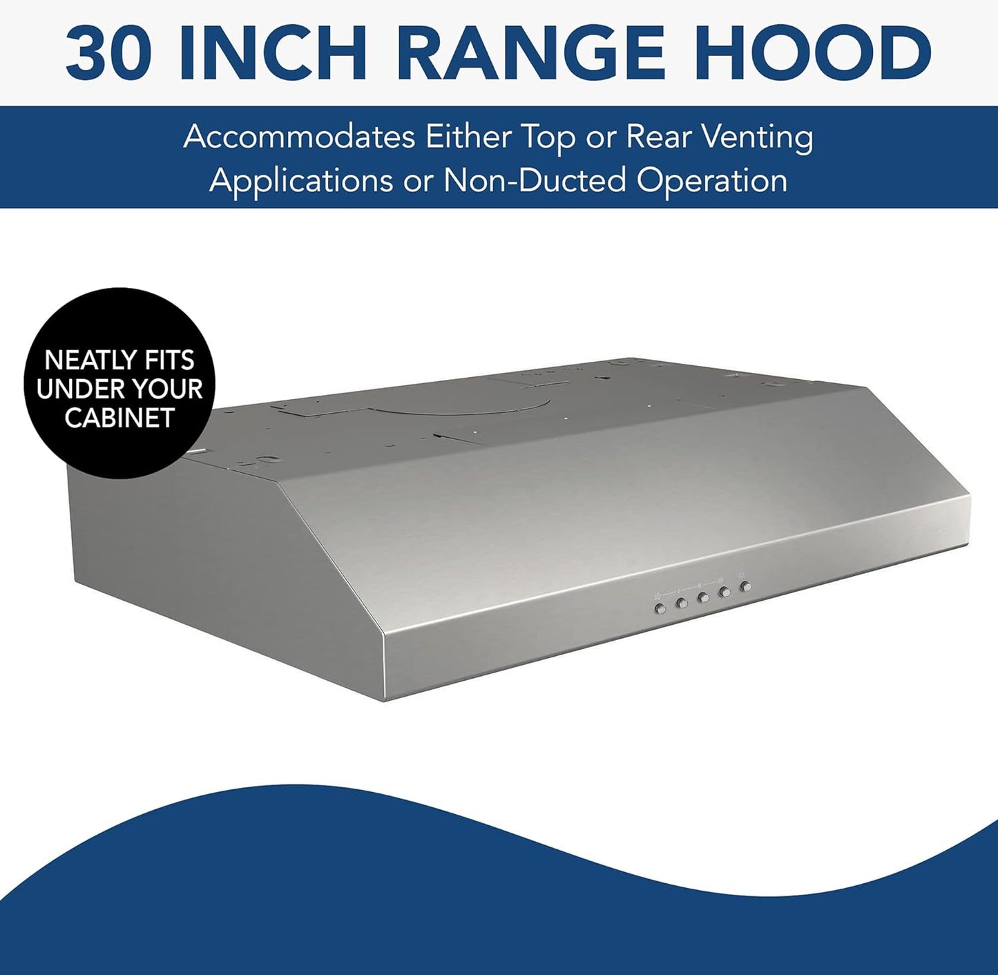 BCSQ130SS Three-Speed Glacier Under-Cabinet Range Hood with LED Lights ADA Capable, 1.5 Sones, 375 Max Blower CFM, 30-Inch, Stainless Steel