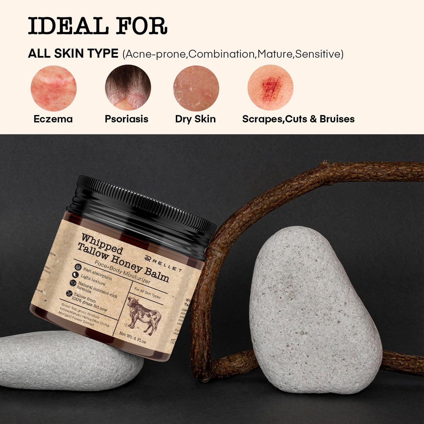 Beef Tallow and Honey Balm for Skin : Grass Fed Whipped Beef Tallow with Honey Face Body Moisturizer 4Oz - Organic Unscented Fast Absorption Tallow Cream Infused with Manuka Honey Beeswax Olive Oil