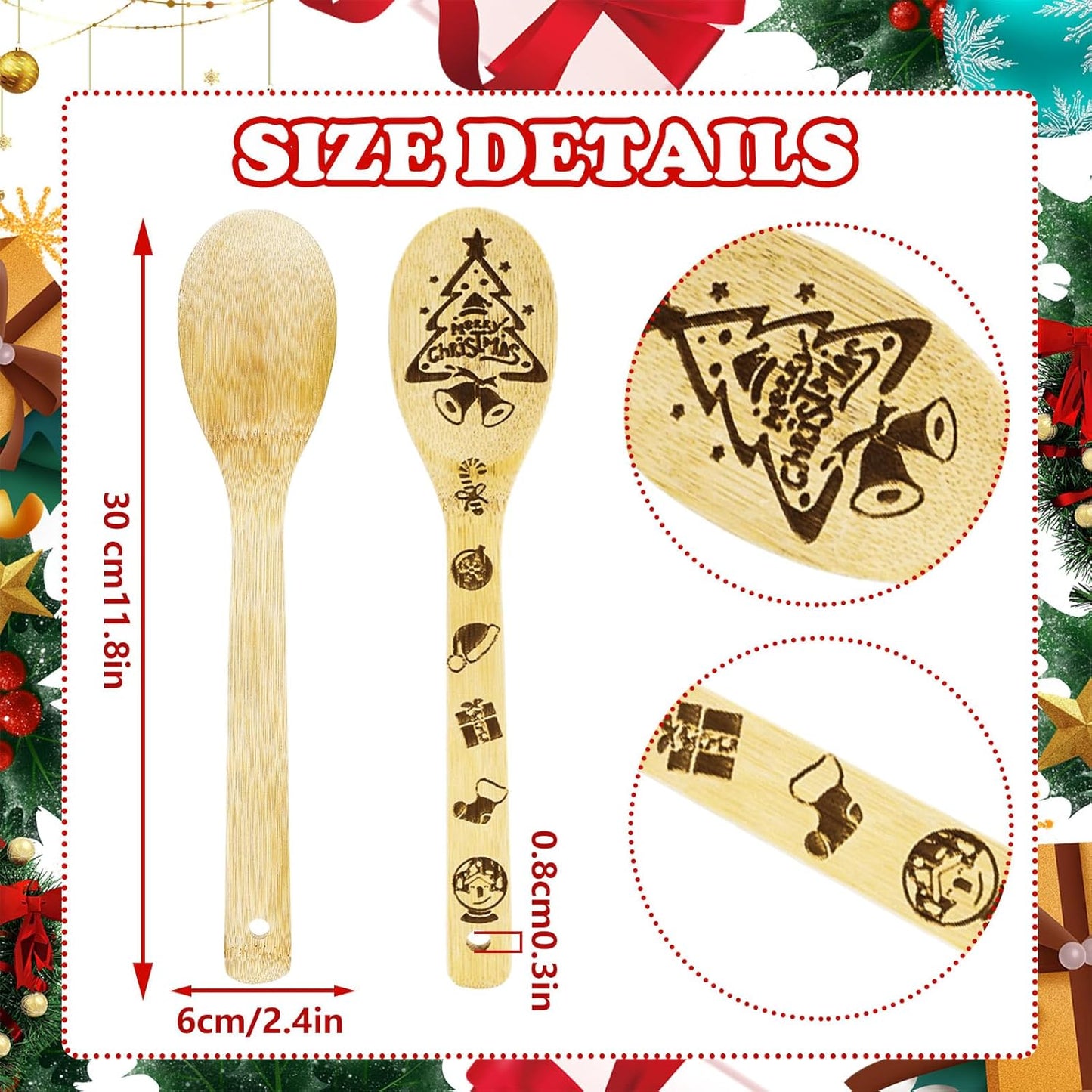 12Pcs Christmas Wooden Spoons Set Santa Snowman Tree Wooden Spoons Xmas Natural Burned Cooking Utensil Spoon for Xmas Party Decoration Home Kitchen Supplies