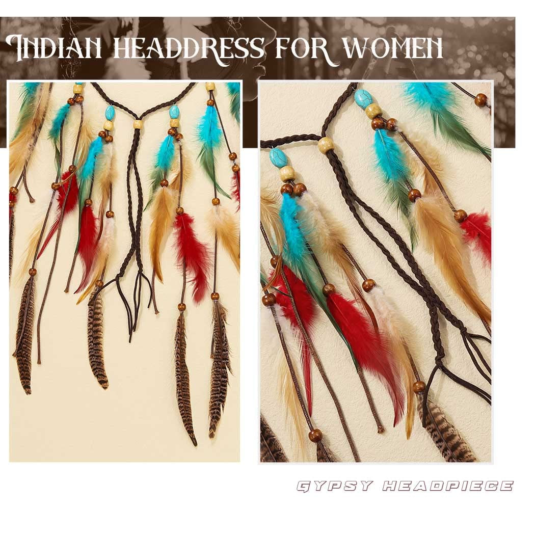 Boho Feather Headband Hippie Headpiece White Gypsy Costume Headband Indian Hair Band Festival Headdress Bohemian Feather Hair Accessory for Women and Girls (A-Blue+Red)