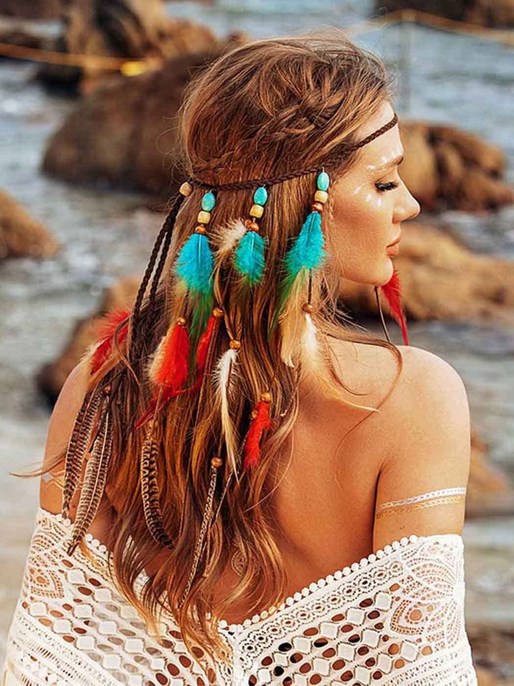 Boho Feather Headband Hippie Headpiece White Gypsy Costume Headband Indian Hair Band Festival Headdress Bohemian Feather Hair Accessory for Women and Girls (A-Blue+Red)