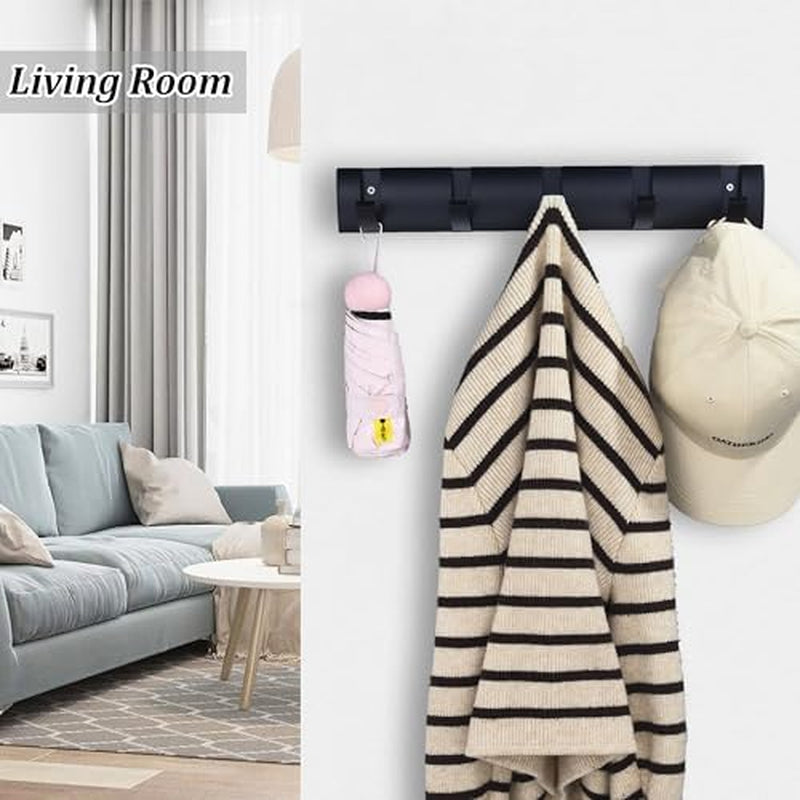 Black Coat Rack Wall Mount with 5 Hooks, 15.8 Inch Waterproof Heavy Duty Coat Wall Hooks, Space Aluminum Material, Folding Hideaway Towel Hanger for Entryway, Wall, Door, Bathroom