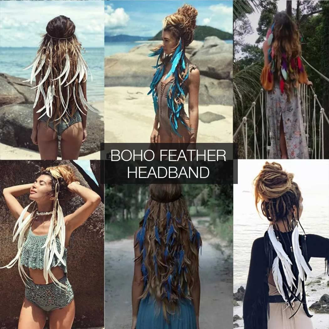 Boho Feather Headband Hippie Headpiece White Gypsy Costume Headband Indian Hair Band Festival Headdress Bohemian Feather Hair Accessory for Women and Girls (A-Blue+Red)