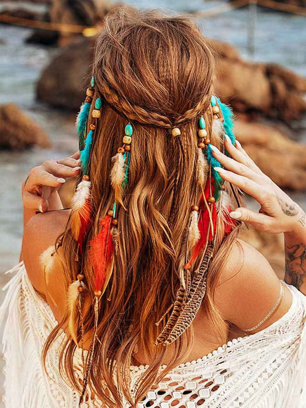 Boho Feather Headband Hippie Headpiece White Gypsy Costume Headband Indian Hair Band Festival Headdress Bohemian Feather Hair Accessory for Women and Girls (A-Blue+Red)