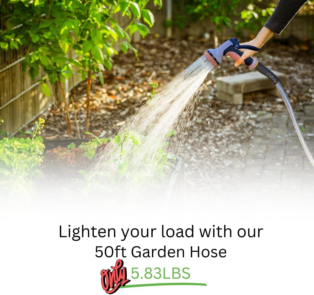 Garden Hose 50Ft- Flexible Light Weight Metal Water Hose. Heavy Duty, Non Expandable, No Kink, Pet and Rust Proof Hose. for Outdoor Use. Manguera Para Jardin. BONUS 10-Way Spray Nozzle