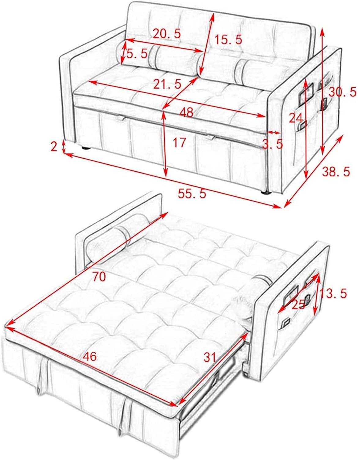 3 in 1 Sleeper Sofa Couch Bed, Small Tufted Velvet Convertible Loveseat Futon Sofa W/Pullout Bed, Adjustable Backrest, Cylinder Pillows for Living Room Apartment, Easy to Assemble, Black, 55.5"