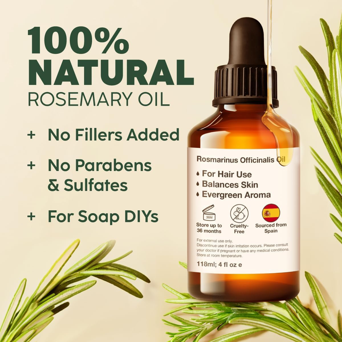 Kukka Rosemary Oil for Hair - 100% Natural Rosemary Hair Oil Rosemary Essential Oils for Skin Diffuser & Aromatherapy - Soap Making Scent & DIY (4 Fl Oz)