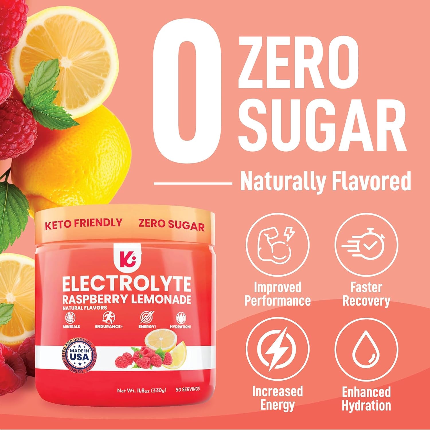 Keto Electrolytes Powder No Sugar - Sugar Free Electrolytes - Keto Hydration Electrolytes - Made in USA - Delicious Raspberry Lemonade Flavor - Mixes Easily No Clumps