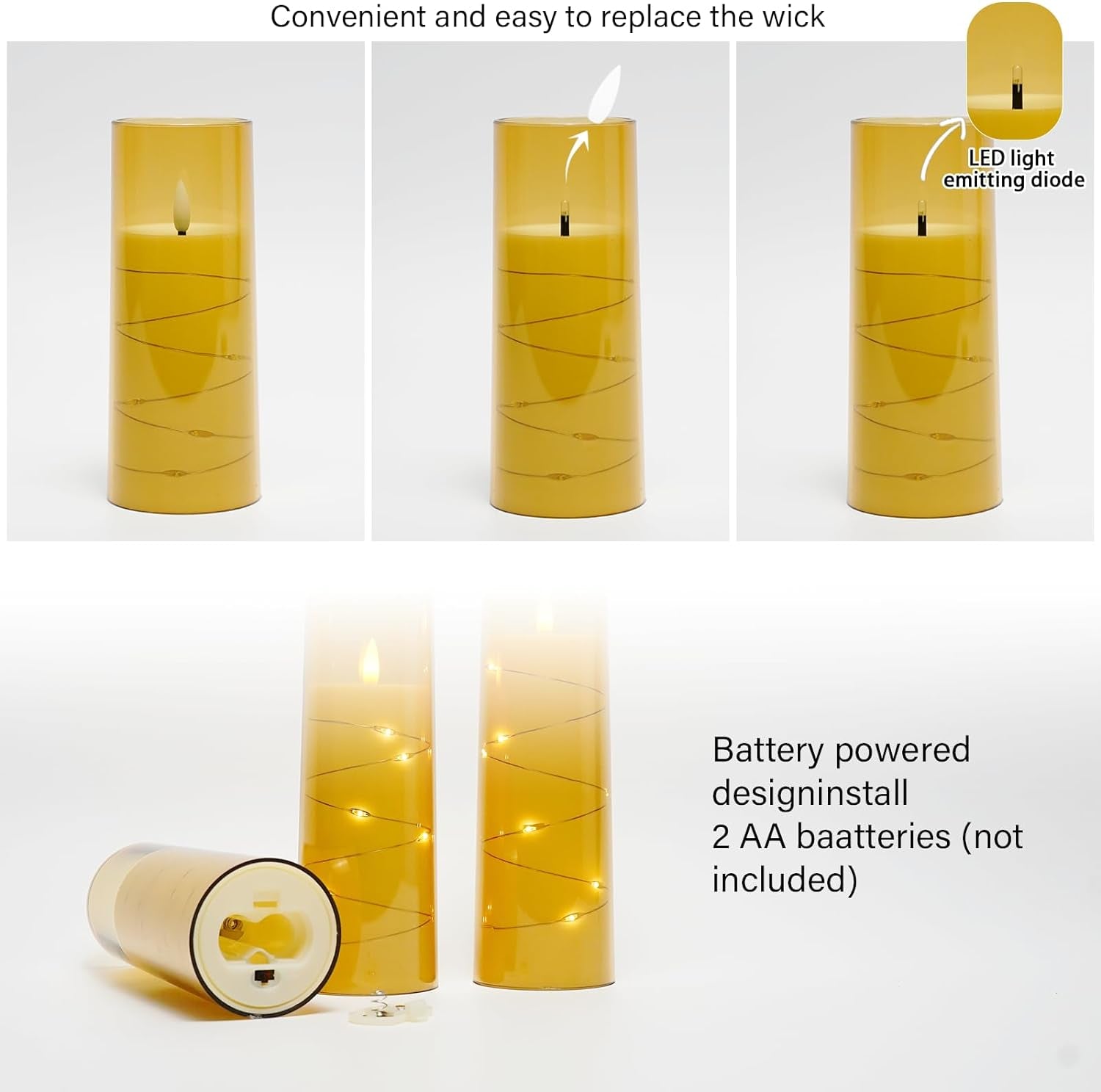 Flameless LED Candles with Timer 5 Pc Flickering Flameless Candles for Romantic Ambiance and Home Decoration Stable Acrylic Shell,With Embedded Star String，Battery Operated Candles（Gold）