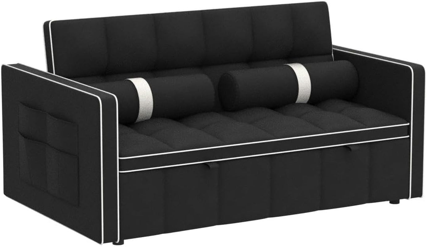 3 in 1 Sleeper Sofa Couch Bed, Small Tufted Velvet Convertible Loveseat Futon Sofa W/Pullout Bed, Adjustable Backrest, Cylinder Pillows for Living Room Apartment, Easy to Assemble, Black, 55.5"