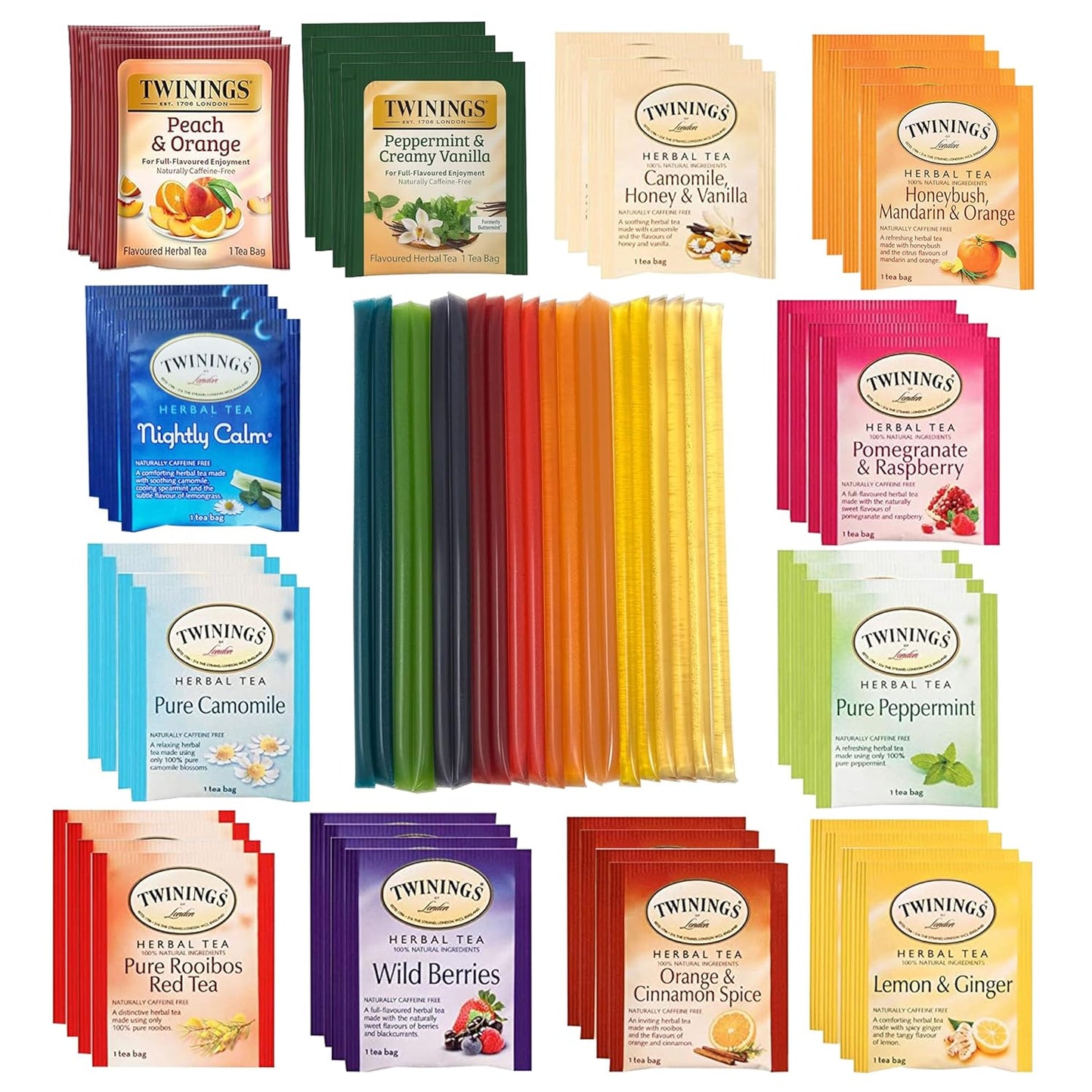 Twinings 48 Assorted Tea Bags Variety Pack, 12 Flavors Tea Assortment, Tea Sampler Set with 20 Honey Sticks for Tea - Assorted Tea Bags Individually Wrapped