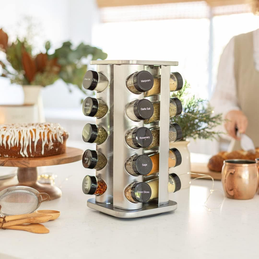 20 Jar Spice Rack with Spices Included - Revolving Tower Organizer for Kitchen Spices and Seasonings, Free Spice Refills for 5 Years (Stainless Steel)