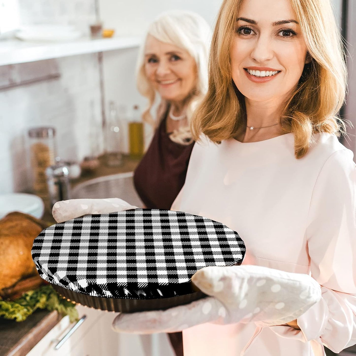 8 Pieces Reusable Bowl Covers Baking Dish Covers Elastic Food Storage Covers Washable Bowl Covers for Bread Proofing, Outdoor Food Storage, 6, 8, 12, 14 Inch (Black-White Buffalo Plaid)