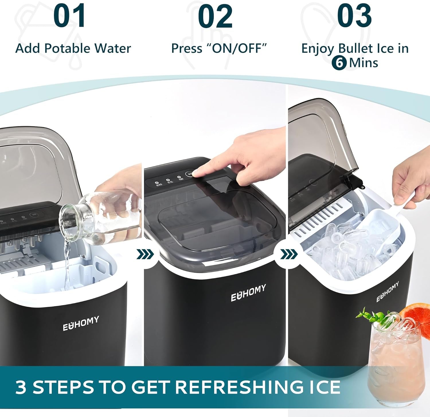 Countertop Ice Maker Machine with Handle, 26.4Lbs per Day, 9 Ice Cubes Ready in 6 Mins, Auto-Cleaning Portable Ice Maker with Basket and Scoop, for Home/Kitchen/Camping/Rv (Black)