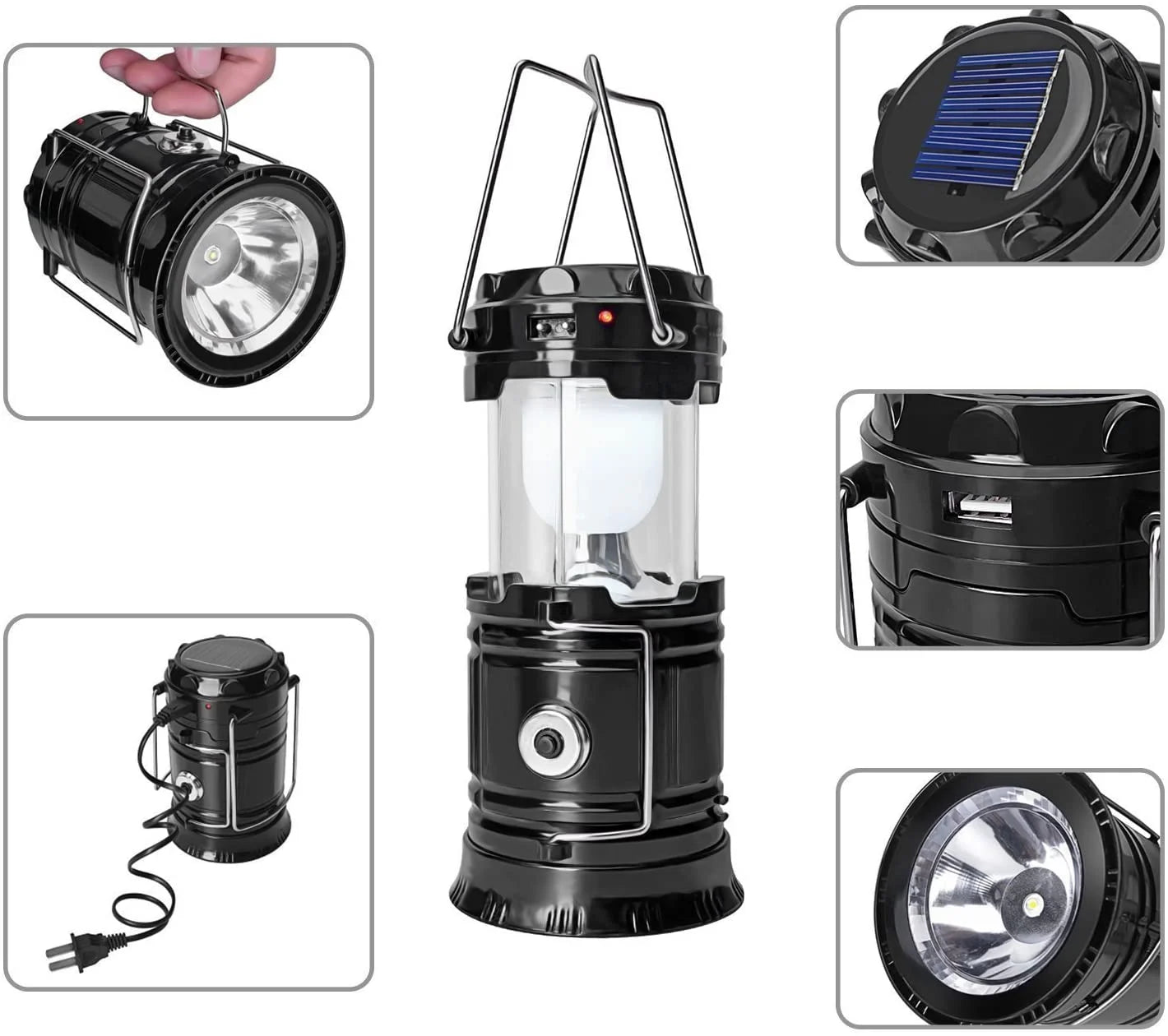 2 Pack Solar USB Rechargeable Brightest COB LED Camping Lantern , Charging for Android, Waterproof Collapsible Emergency LED Light - Black