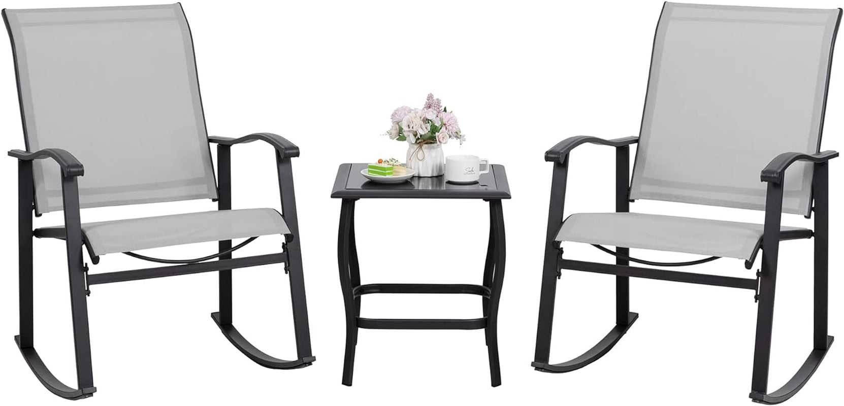 3 Piece Rocking Bistro Set, Outdoor Furniture with Rocker Chairs and Glass Coffee Table Set of 3, Balcony, Porch Furniture for Small Space, Light Gray