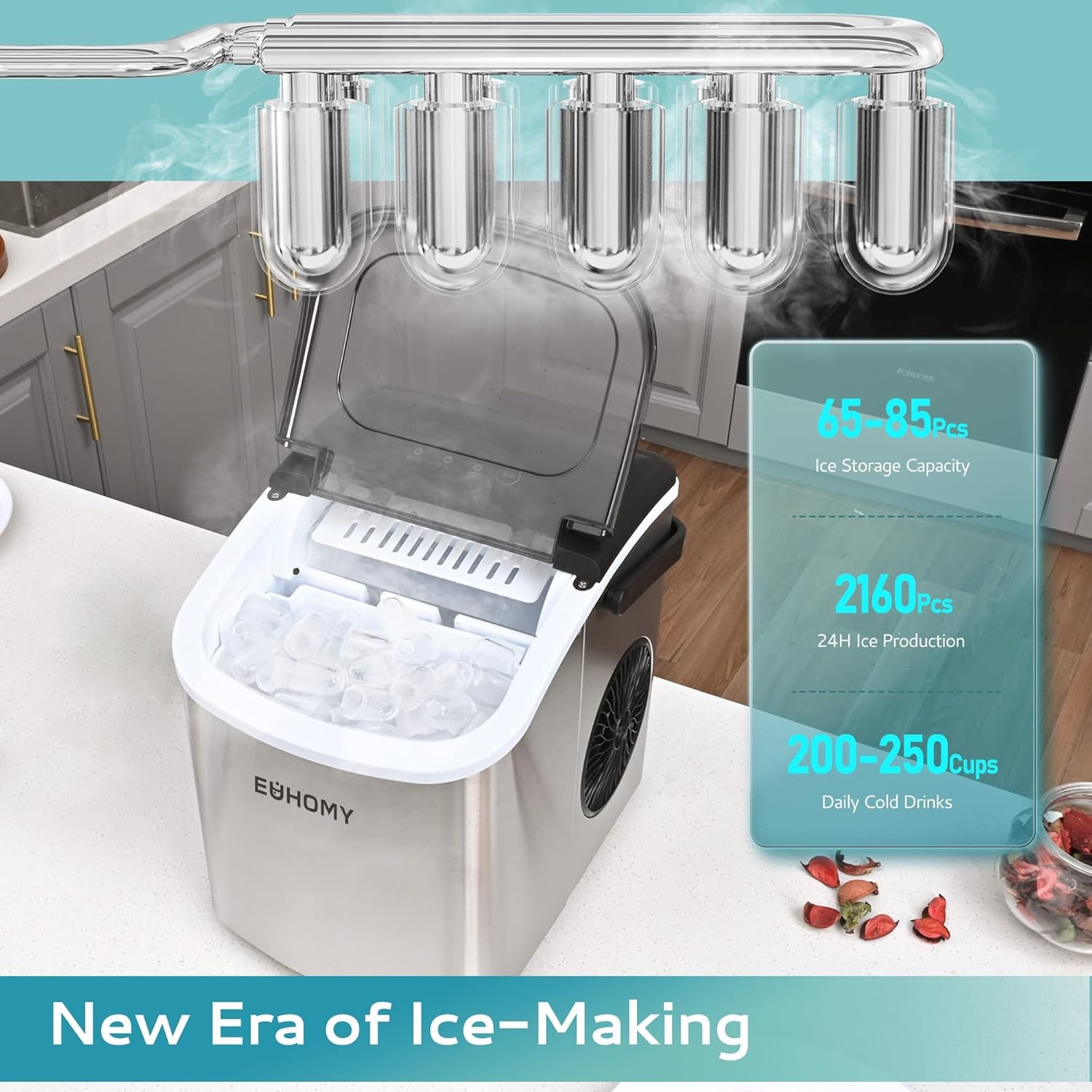 Countertop Ice Maker Machine with Handle, 26Lbs per Day, 9 Ice Cubes Ready in 6 Mins, Auto-Cleaning Portable Ice Maker with Basket and Scoop, for Home/Kitchen/Camping/Rv (Silver)