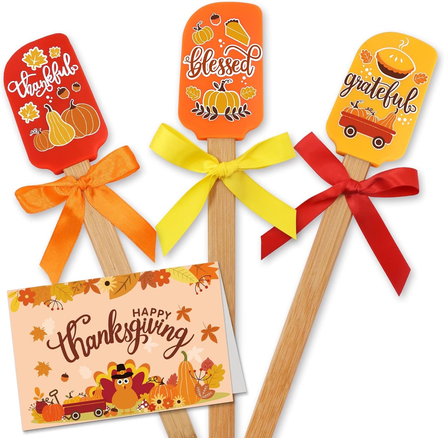 Thanksgiving Silicone Spatula Set of 3 Gift Home Kitchen Utensil Decor Baking Food Grade Cookware Cooker Heat Resistant Present for Mom Mixing Housewarming Birthday Fun Wooden Handle and Ribbon Bows