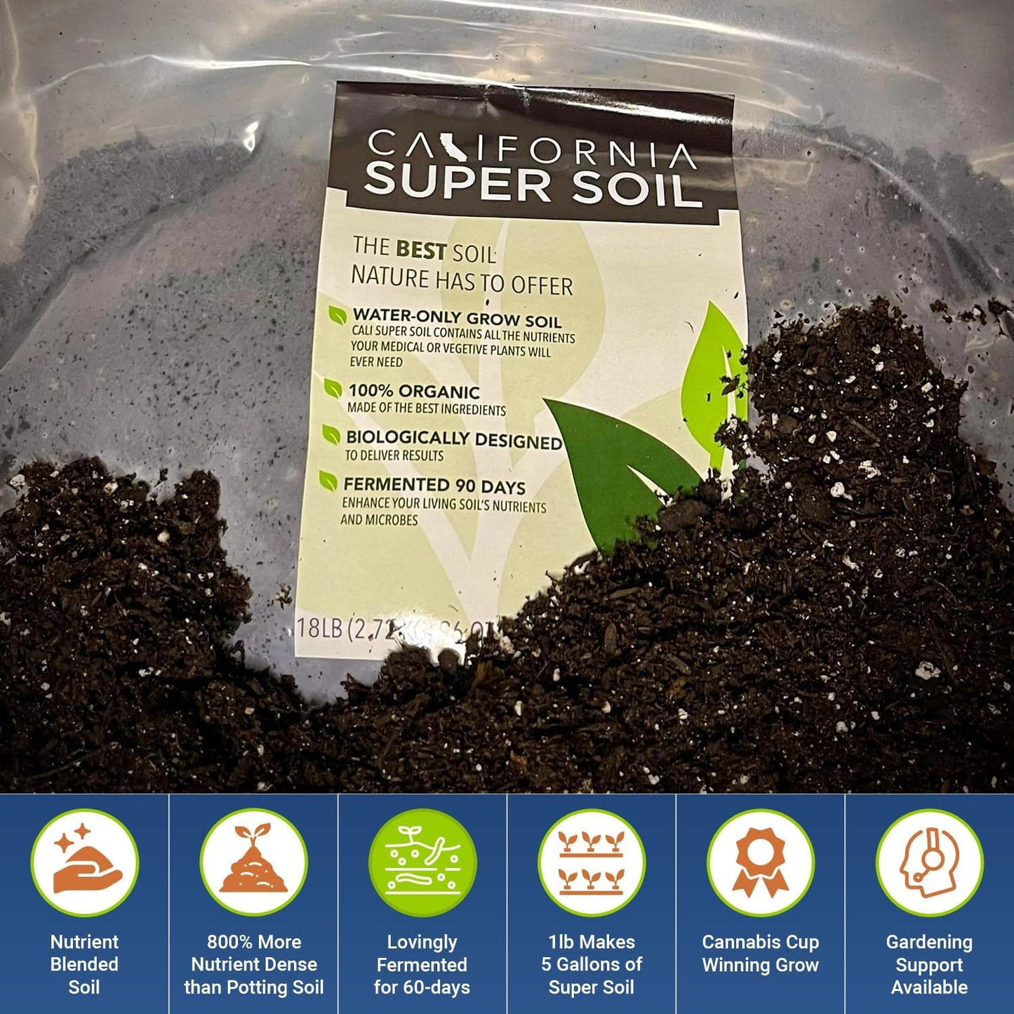 California Super Soil Premium 100% Organic Super Soil - 18+ Nutrient Blend - Living Soil Technology - Potting and Garden Soil for Indoor Grow Kit - 18Lbs Bag - Grows 6 Plants