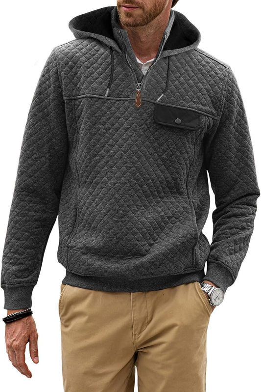 Men'S Quilted Hoodies Casual Long Sleeve Quarter-Zip Pullover Sweatshirt with Pockets