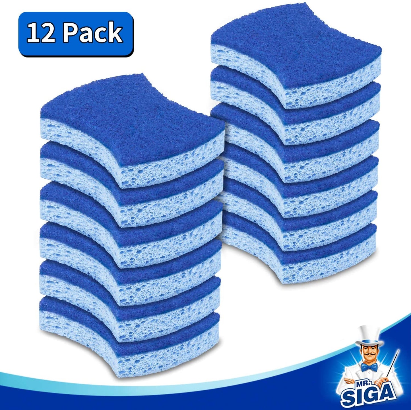 Non-Scratch Cellulose Scrub Sponge, Dual-Sided Dishwashing Sponge for Kitchen, 12 Pack