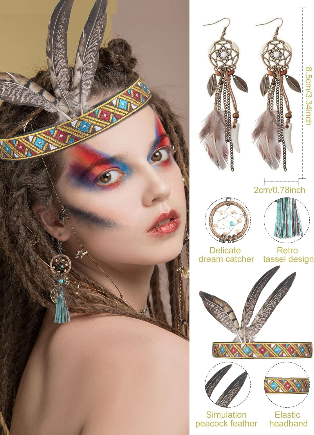 5 Pieces Indian Native American Jewelry Set Includes Feather Headdress Faux Peacock Feather Hair Band Boho Dream Catcher Dangle Earrings Choker Necklace Bracelet for Women Catcher Tassel