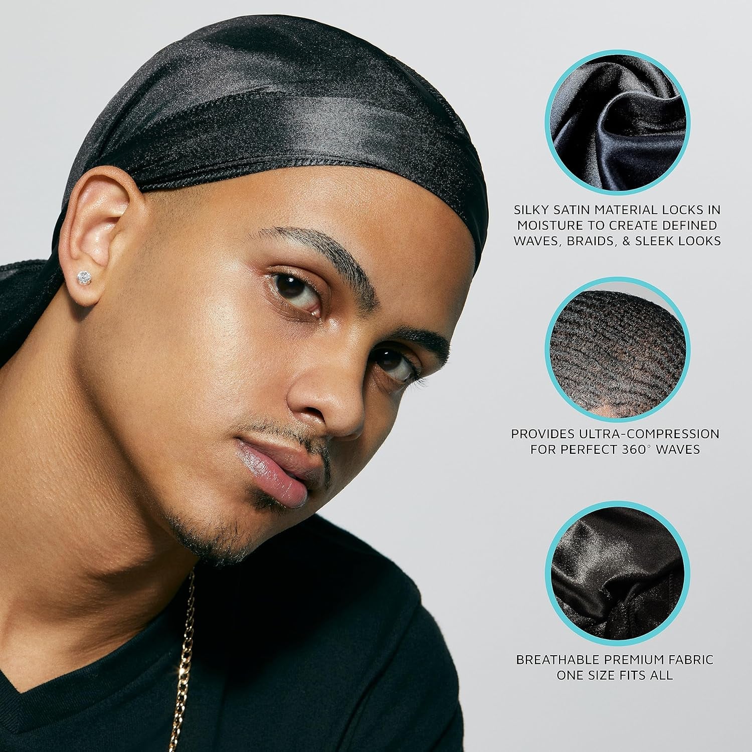 Luxe Power Wave Silky Satin Durag, Premium Quality, Black and Gold, 40" X 3", Long and Wide Tails, Ultimate Compression, One Size, One Piece