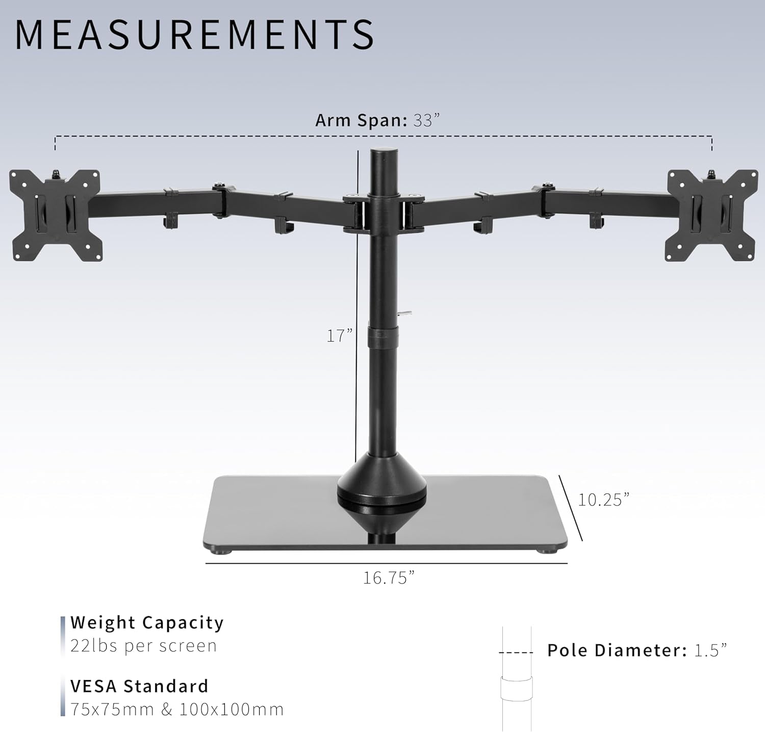 Freestanding Dual Monitor Stand with Sleek Glass Base and Adjustable Arms, Mounts 2 Screens up to 32 Inch and 22 Lbs Each, Black, STAND-V002FG