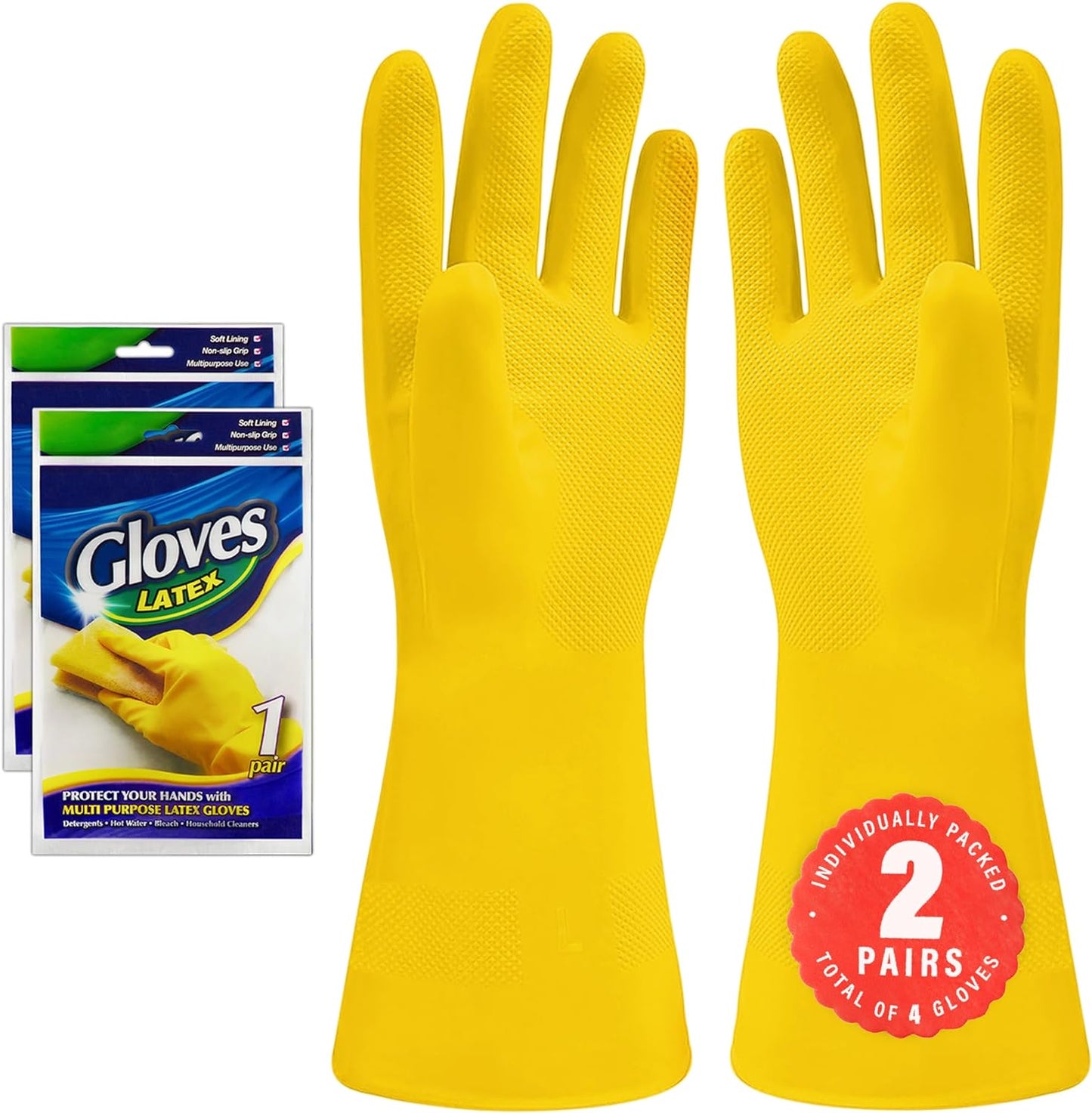 2 Pairs Cleaning Gloves, Reusable Natural Rubber Dish Gloves, Latex Non-Slip Gloves for Kitchen, Household