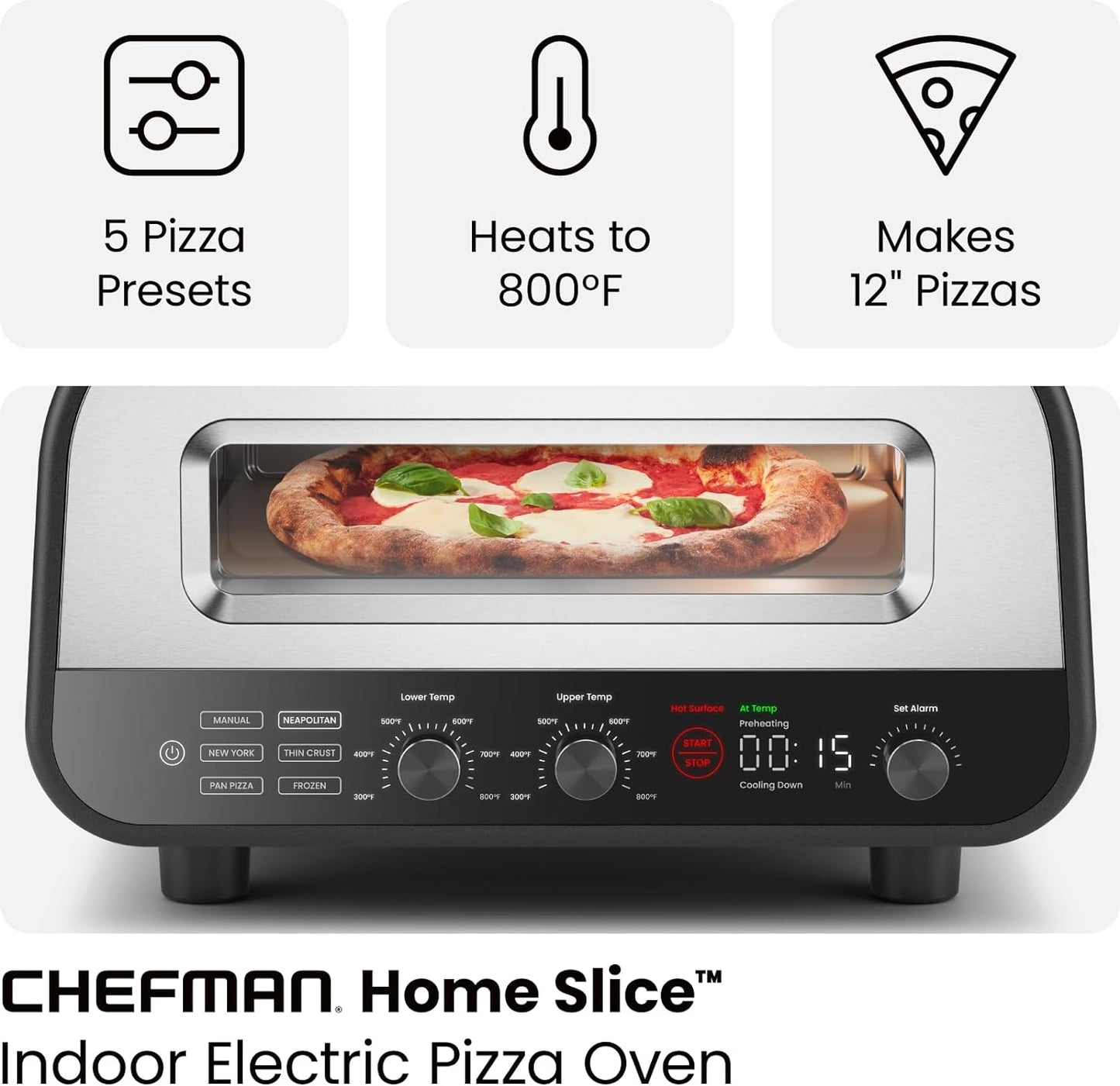 Indoor Pizza Oven - Makes 12 Inch Pizzas in Minutes, Heats up to 800°F - Countertop Electric Pizza Maker with 5 Touchscreen Presets, Pizza Stone and Peel Included - Stainless Steel