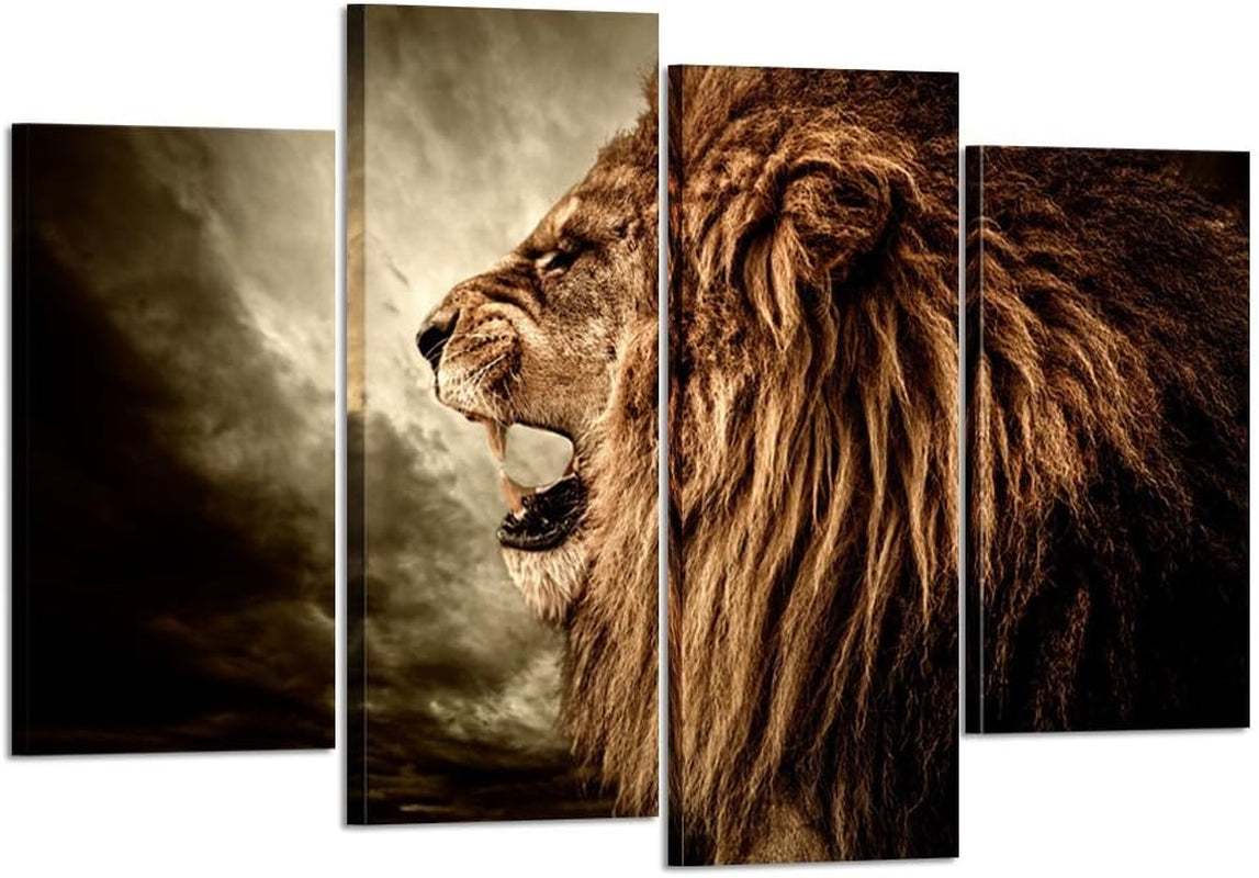 - 4 Panel Wall Art Lion Painting Print on Canvas Animal Pictures for Home Decor Decoration Gift Piece Stretched by Wooden Frame Ready to Hang