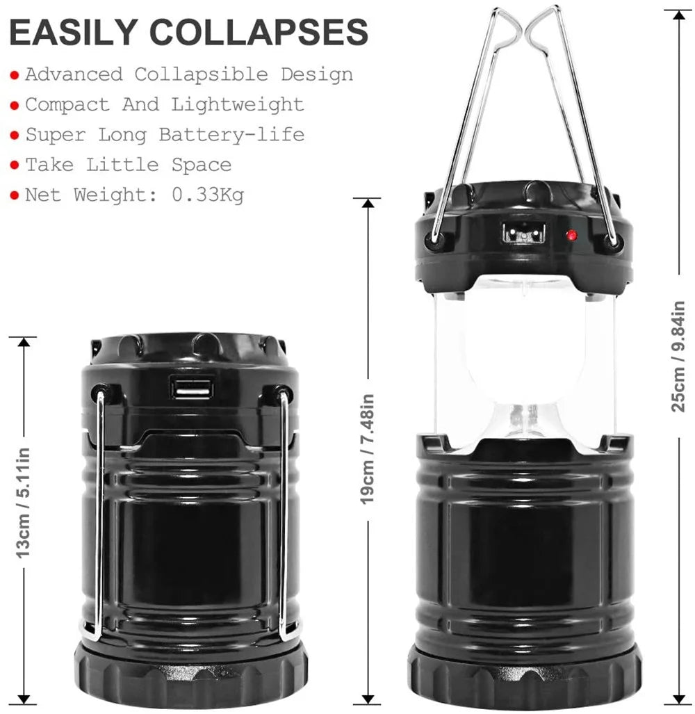 2 Pack Solar USB Rechargeable Brightest COB LED Camping Lantern , Charging for Android, Waterproof Collapsible Emergency LED Light - Black