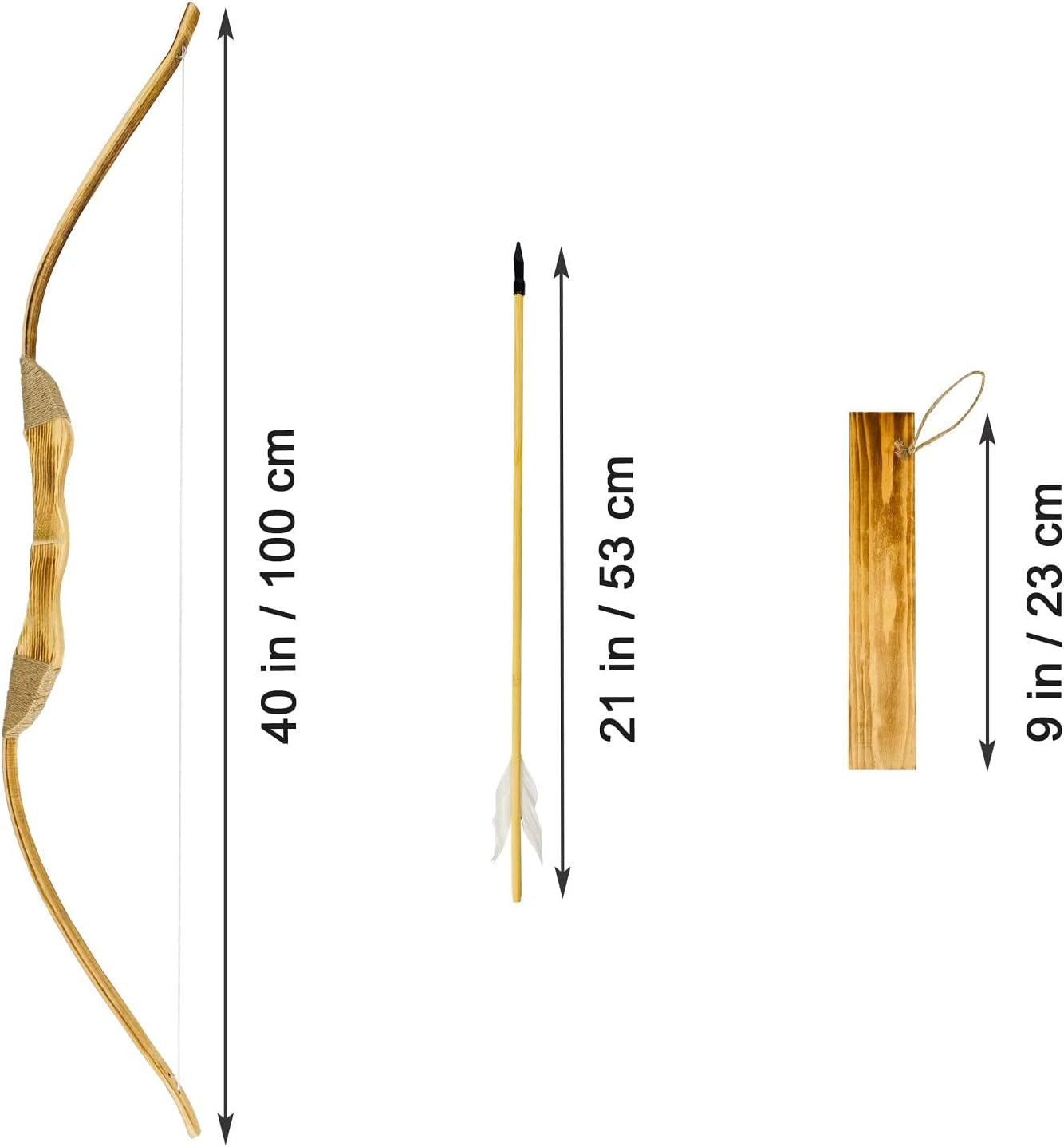 Youth Wooden Bow and Arrow Set, 40 Inch Handmade Wooden Bow and Arrow Cosplay Costume Prop Archery Set Games Toys, 1 Bows 1 Quivers and 3 Feather Arrows, Gifts for Kids Youth Boys and Girl
