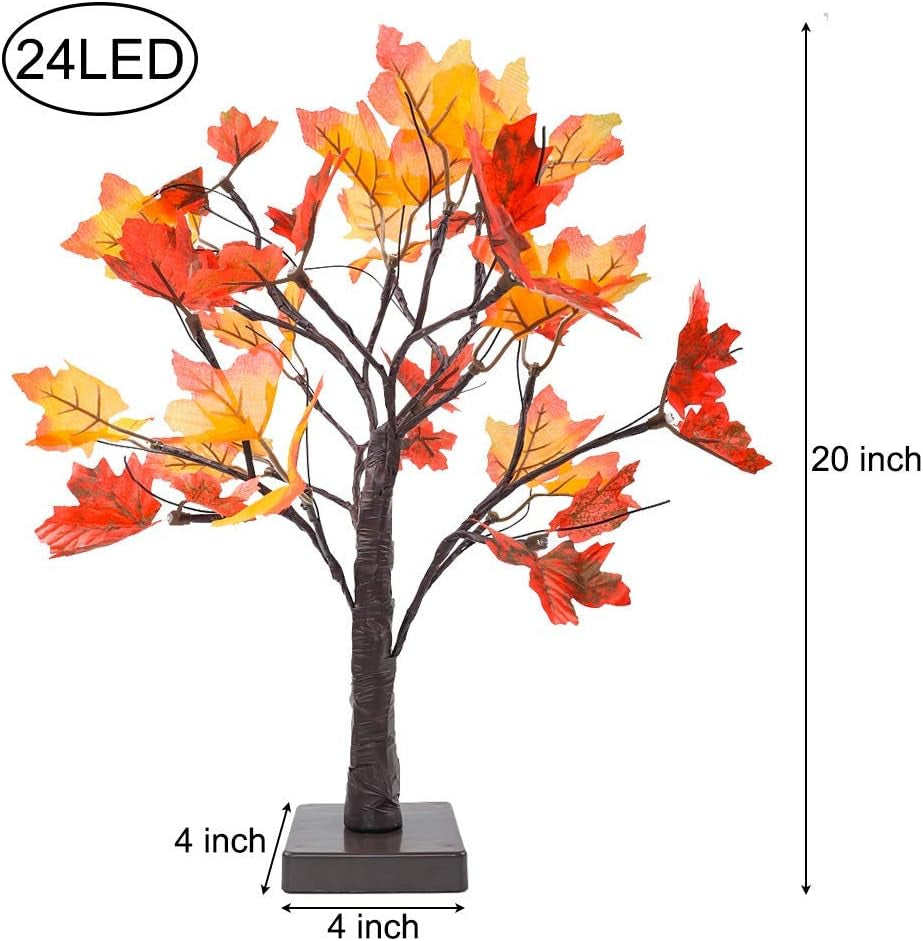 Artificial Fall Lighted Maple Tree 24 LED Thanksgiving Decorations Table Lights Battery Operated for Wedding Party Gifts Indoor Outdoor Autumn Harvest Home Decor