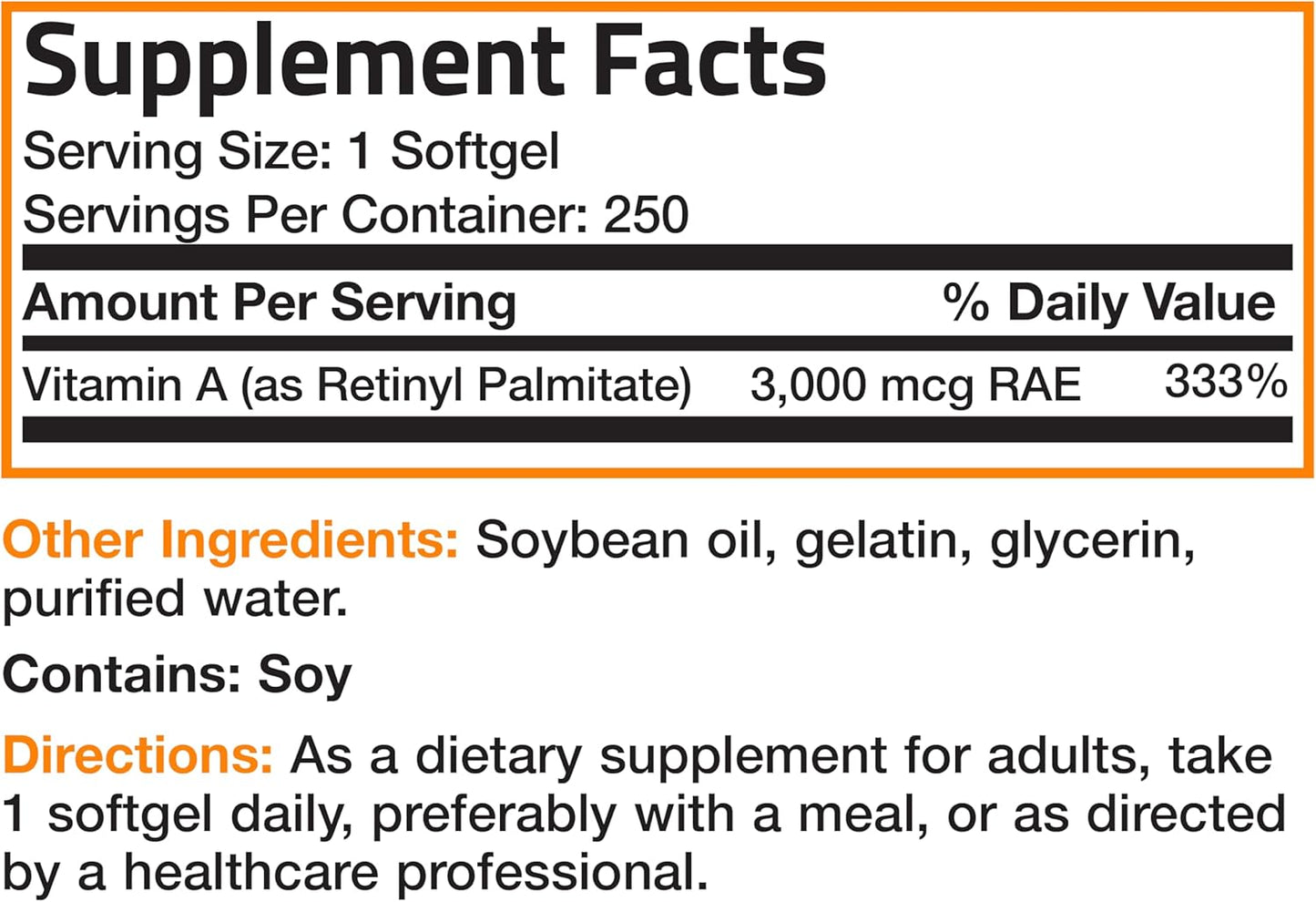 Vitamin a 10,000 IU Premium Non-Gmo Formula Supports Healthy Vision & Immune System and Healthy Growth & Reproduction, 250 Softgels