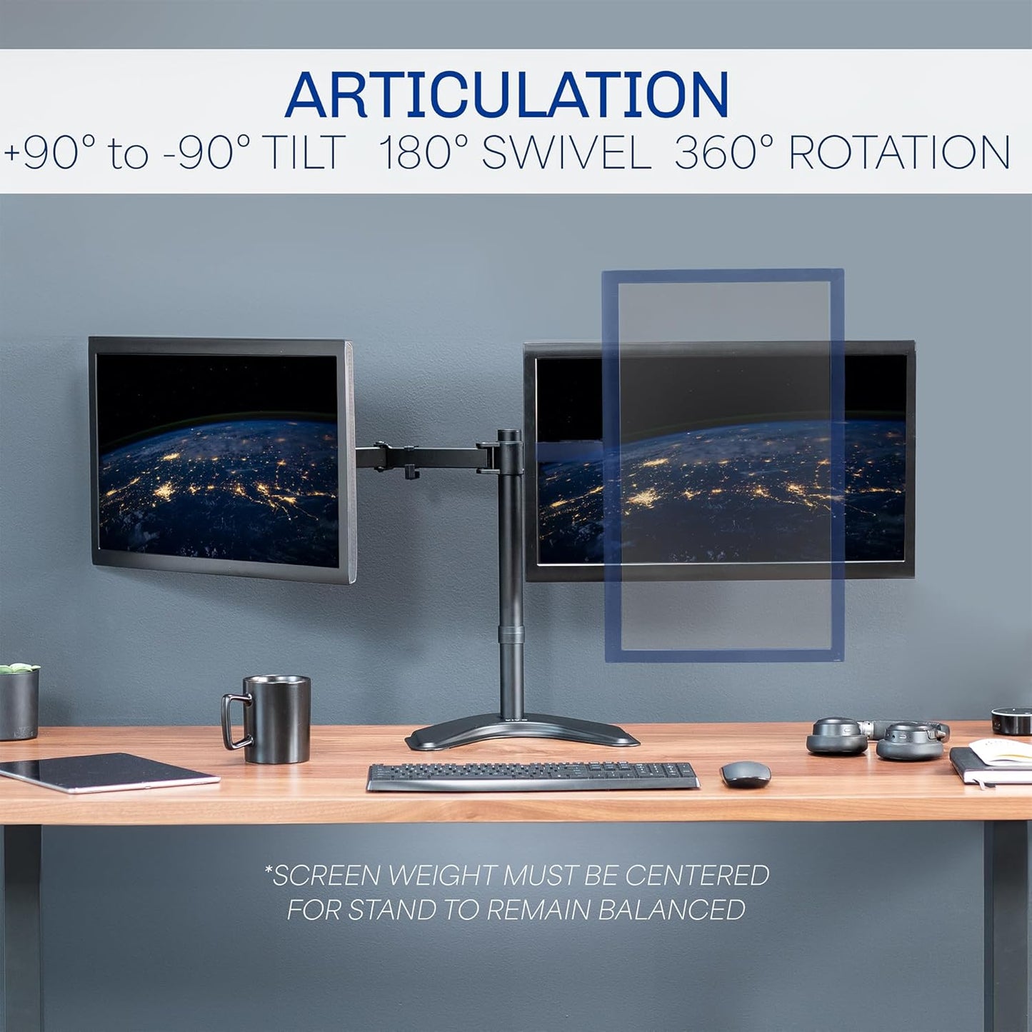 STAND-V002F Dual LED LCD Monitor Free-Standing Desk Stand for 2 Screens up to 27 Inch Heavy-Duty Fully Adjustable Arms with Max VESA 100X100Mm